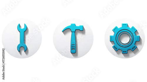 Set of three blue 3D tool icons wrench hammer and gear.