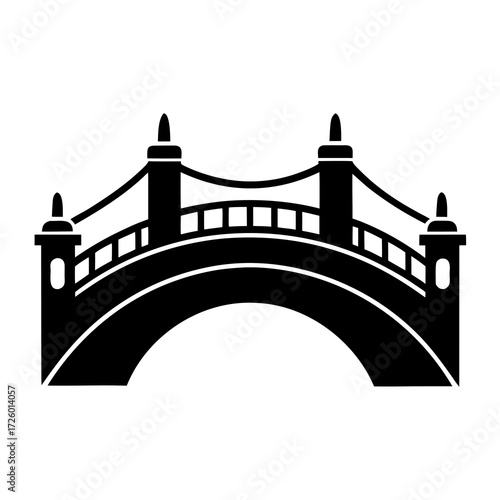 Black silhouette of a classic arch bridge with suspension cables and decorative pillars