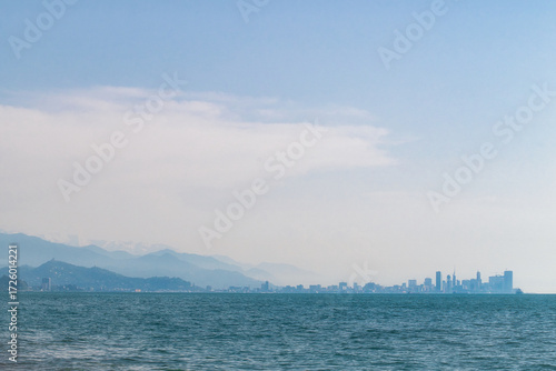 Scenic view of Batumi city from the sea in Georgia, showcasing skyline and coast, perfect for travel and tourism themes.