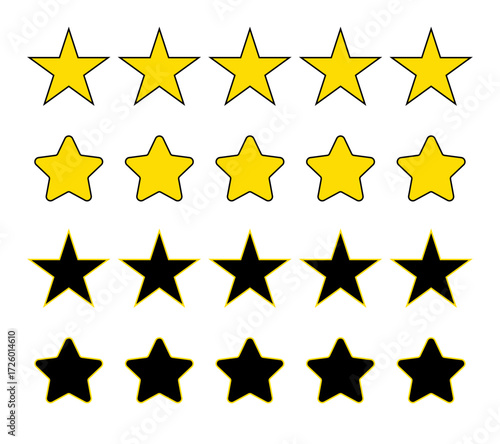 Five stars rating icon set with yellow stars for customer reviews, product ratings, and feedback interface design
