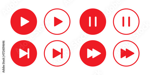 Play button icon set with pause, next, start, click, and record buttons for video and audio player interface design in red color