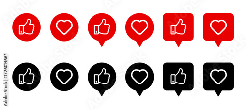 Thumbs up and heart icons set in round and speech bubble styles for social media, marketing, reactions, feedback, and engagement vector design