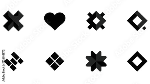 Collection of black abstract geometric shapes and symbols.