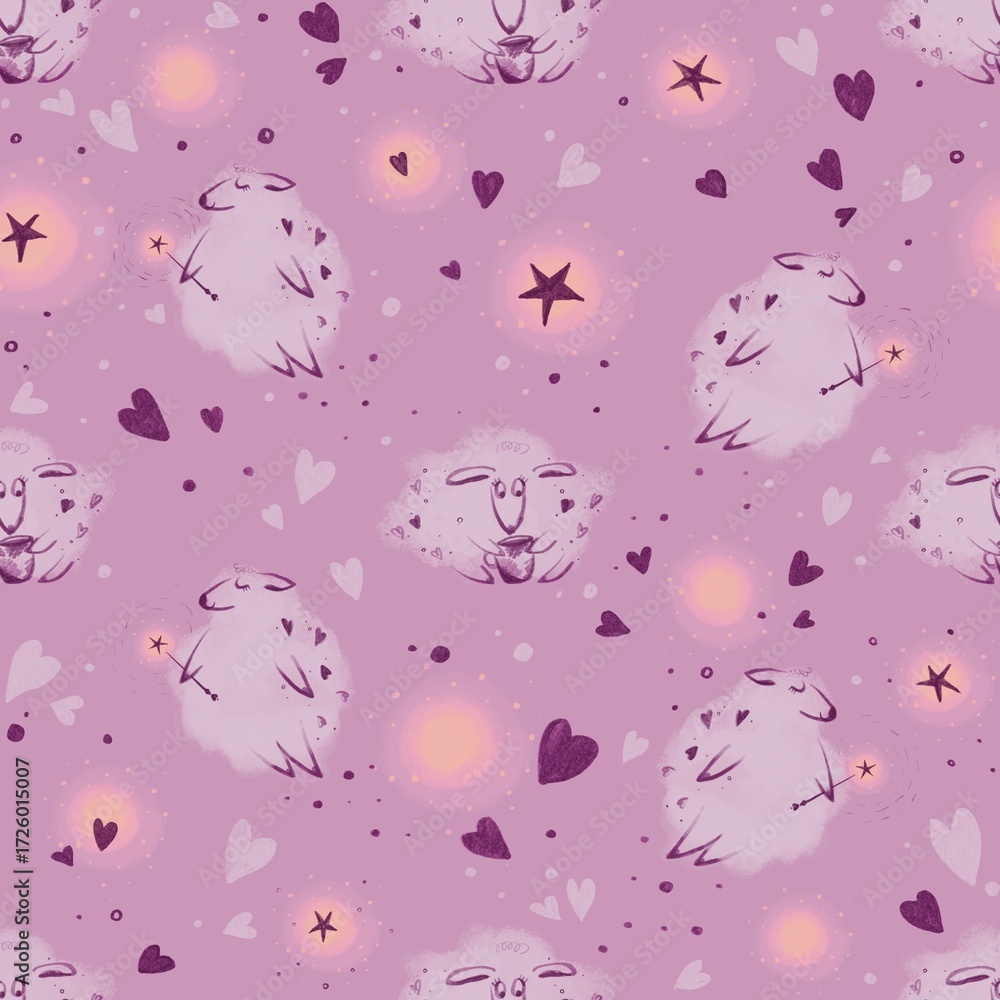 Fototapeta premium Delightful seamless pattern featuring cute purple sheep holding mugs, with hearts, stars, and sparkles on light purple background, perfect for kids' wallpapers or fabrics.