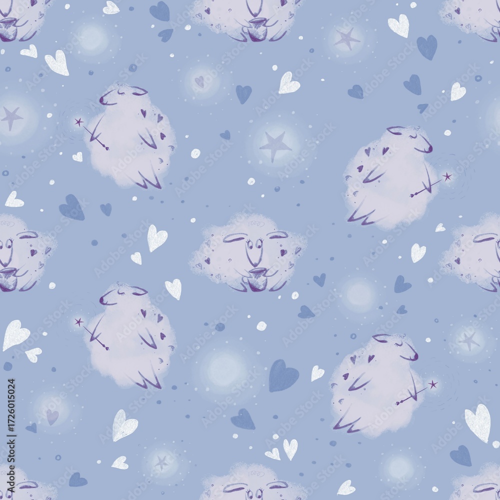 Obraz premium Whimsical blue Sheep with Mugs Seamless Pattern