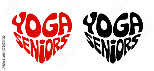 Heart-shaped sticker set in colorful and black design promoting yoga for seniors