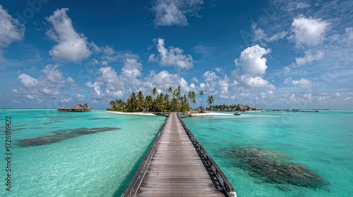 Wallpaper Mural A wooden walkway stretches across a turquoise lagoon, leading to a tropical island paradise with palm trees and a serene atmosphere. Torontodigital.ca
