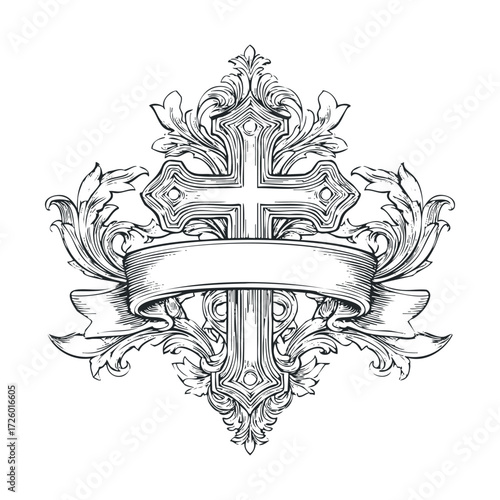 Ornate cross design with decorative elements for religious themes. Vector black icon