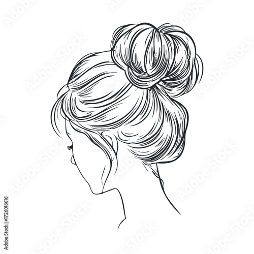 Elegant woman with a stylish bun hairstyle for fashion design. Vector black icon