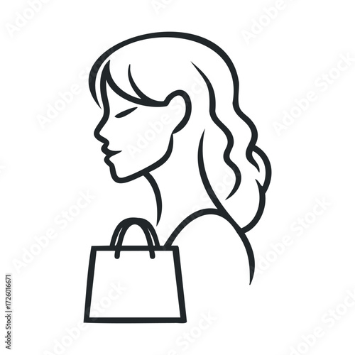 Shopping woman silhouette with bag for fashion and lifestyle themes. Vector black icon