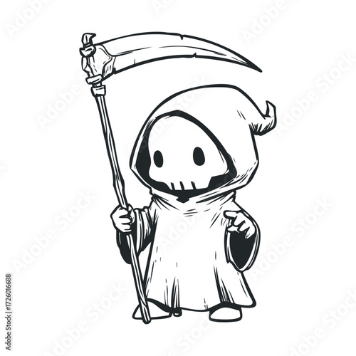 Cute grim reaper character holding a scythe in playful style. Vector black icon