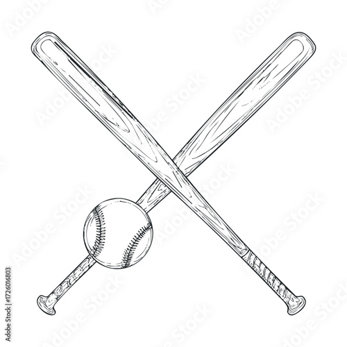 Crossing baseball bats with a baseball in the center design. Vector black icon