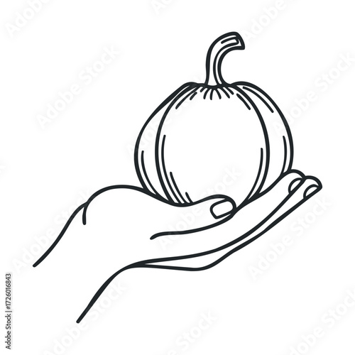 Holding a pumpkin in a hand for seasonal decoration ideas. Vector black icon