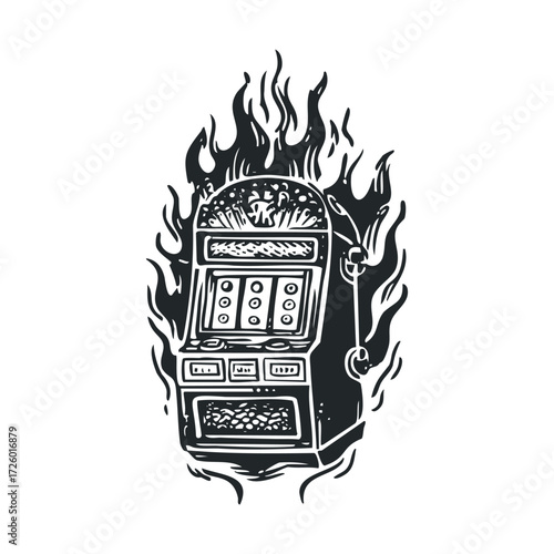 Vintage slot machine engulfed in flames for dramatic effect. Vector black icon