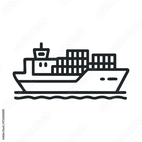 Cargo ship sailing through calm waters with freight containers. Vector black icon