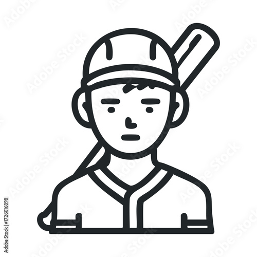 Young baseball player ready for game day with bat in hand. Vector black icon