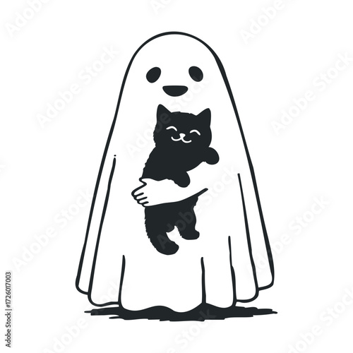 Cute ghost holding black cat in a whimsical Halloween theme. Vector black icon
