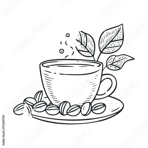 Warm cup of coffee with coffee beans and leaves. Vector black icon