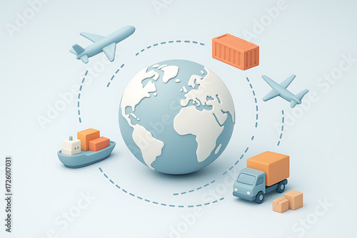 International logistics map with 3D cargo ship airplane truck boxes symbolizing transport trading supply chain worldwide coordination