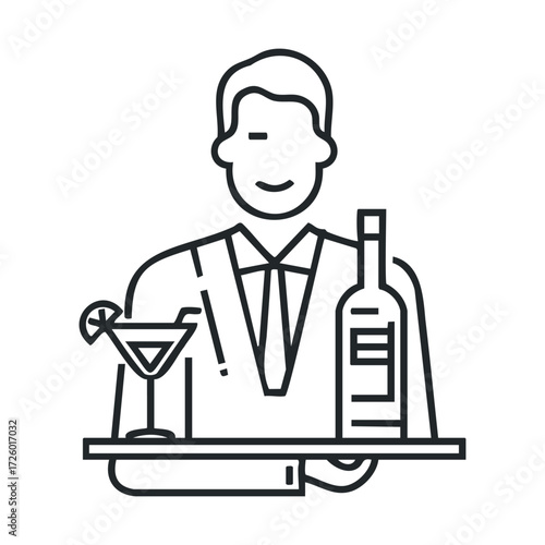 Bartender serving cocktails at a bar setting during an evening event. Vector black icon