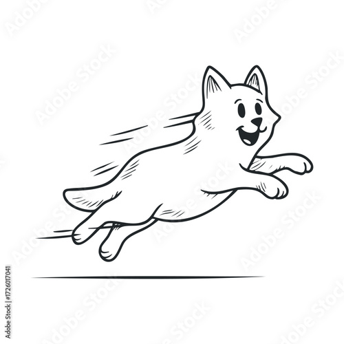 Happy dog running in a playful manner for childrens designs. Vector black icon