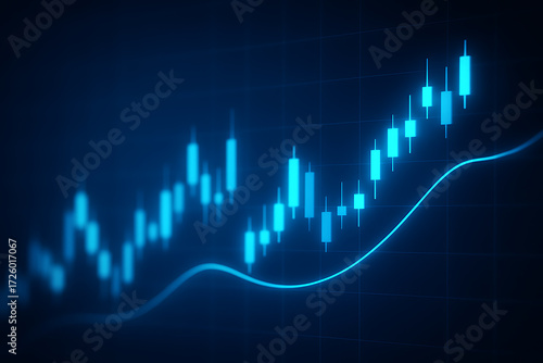 Investment stock chart showing bright glowing blue candles and predictive moving average flow line for trading analysis