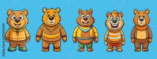 Five cartoon anthropomorphic bears standing in a row wearing colorful casual clothing and smiling