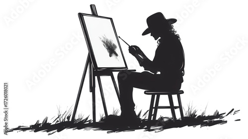 Silhouette of an artist wearing a hat painting on a canvas.