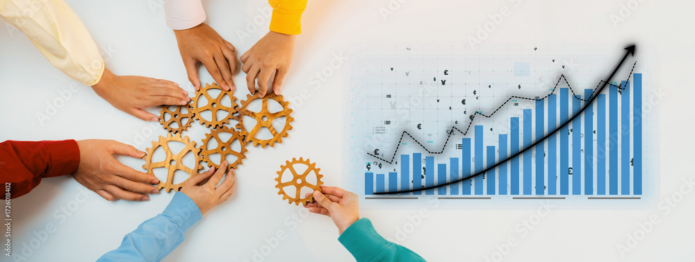 Obraz premium Diverse hands assembling gears symbolize teamwork, while a chart displays upward growth, emphasizing collaboration in achieving business success and innovative strategy. Axiom