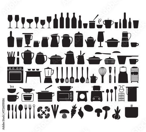 Collection of kitchenware and utensils silhouettes for culinary design