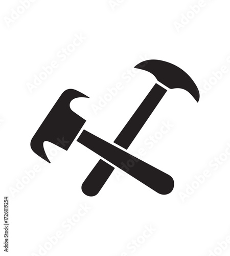 Two crossed black hammers on a white background icon