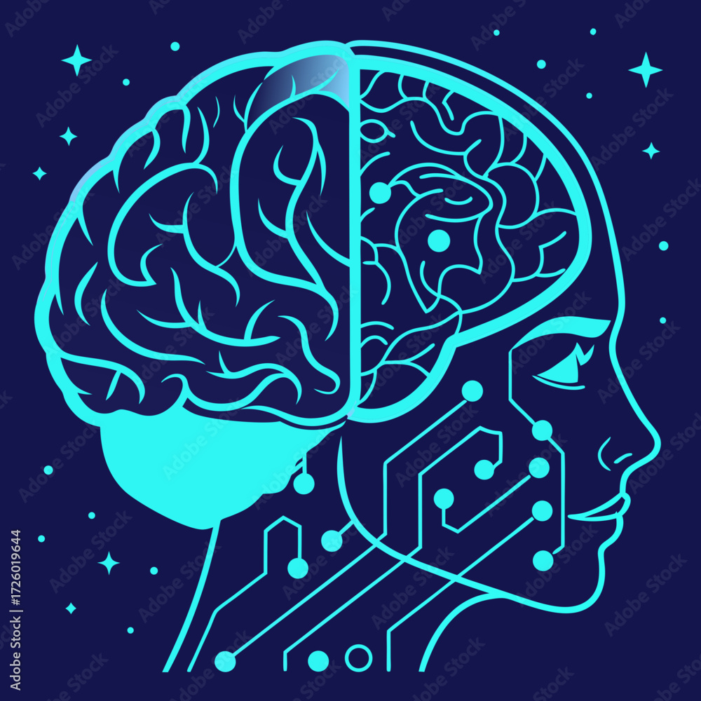 Obraz premium Innovative AI human head silhouette with circuit board integrations symbolizing future technology and artificial intelligence breakthroughs