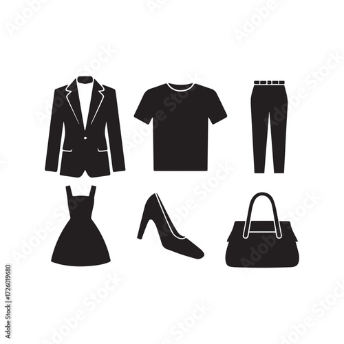 Collection of black silhouette fashion apparel and accessories