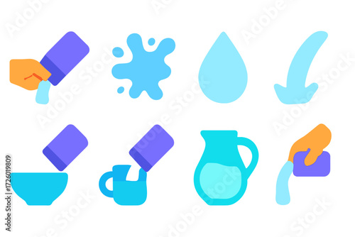 Neon icons of liquid pouring and splashes with glowing effects on dark background