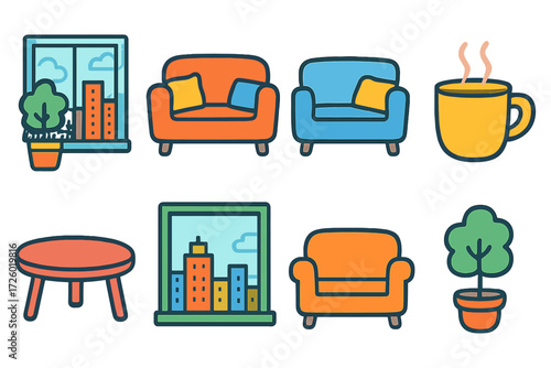 Cozy urban living icons with gradient effects