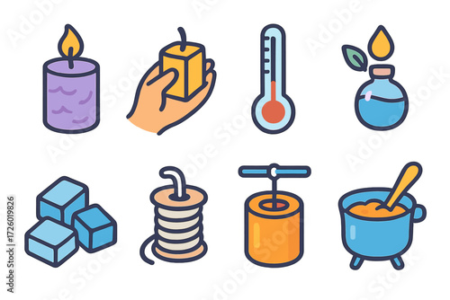 Candle making icons: handcrafted wax, tools, and ingredients in modern outline style