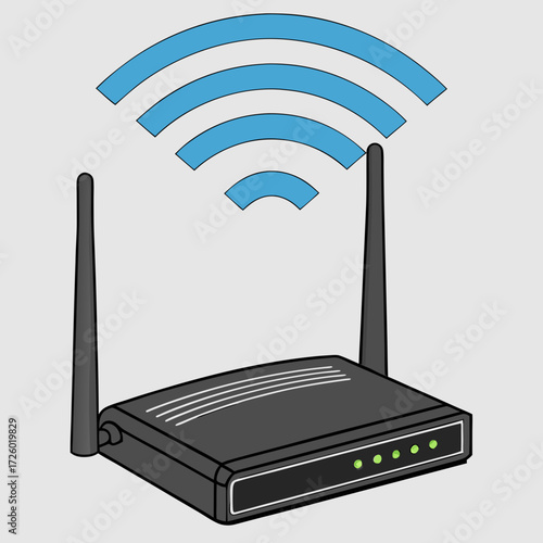 Sleek black wireless router broadcasting strong Wi-Fi signal with clear indicator lights and dual antennas radiating connectivity for modern homes and offices