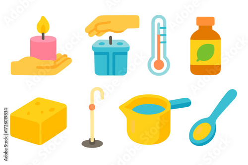 Glowing household objects: hands, candle, thermometer, and kitchen items in neon style