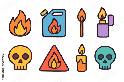 Hand-drawn fire and flame icons set with skulls and warning signs