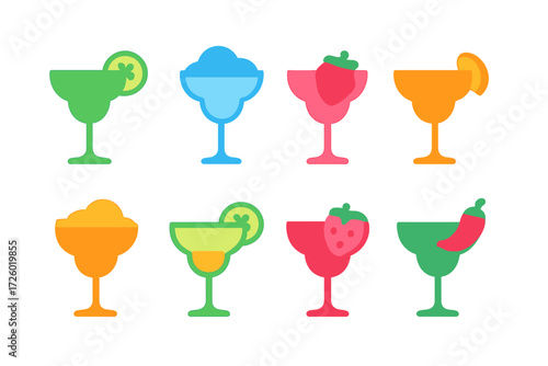 Vibrant neon cocktail icons with fruits and party theme on dark background
