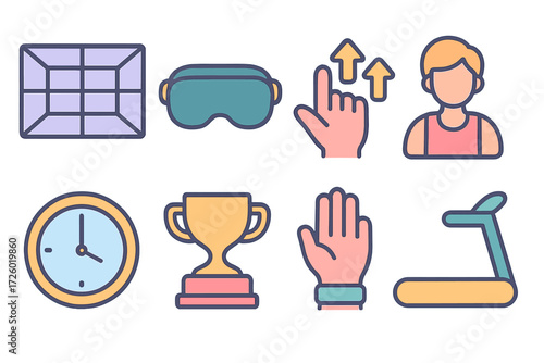 Bright linear fitness icons: treadmill, trophy, clock, virtual reality, user profiles