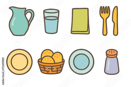 Retro dining icons: minimalist tableware and cutlery collection with vintage charm