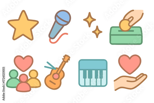 Colorful neon line art icons of music, giving, and community