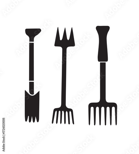 Silhouettes of gardening tools including a spade fork and rake