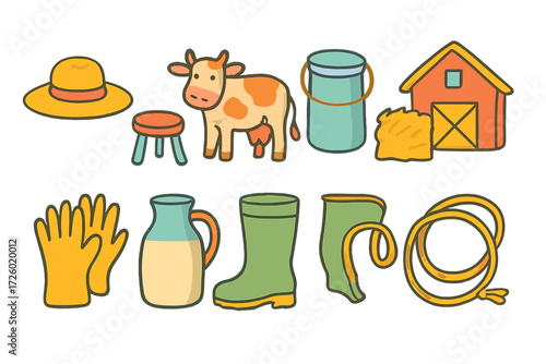 Farm life essentials: rustic tools and animals in playful cartoon style