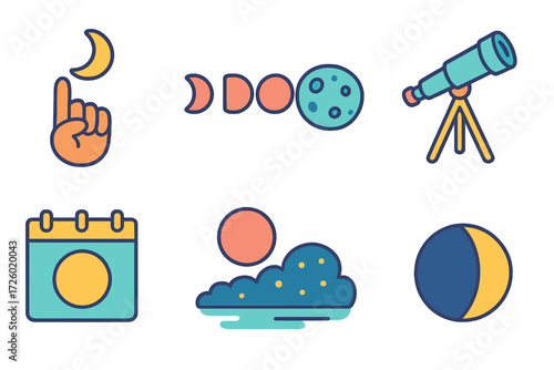 Modern astronomy icons: telescope, moon phases, and celestial symbols in neon style