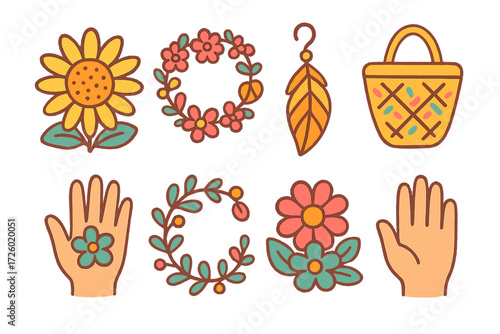 Boho floral elements and accessories with handcrafted look