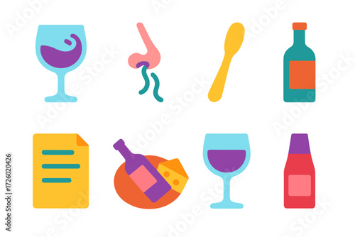 Neon glowing icons of wine tasting and dining essentials in vibrant colors