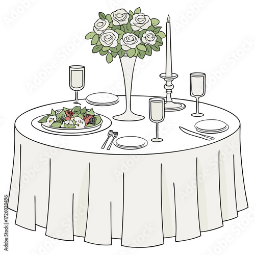 Elegant wedding reception table setting with flowers candle salad and dinnerware for special occasions