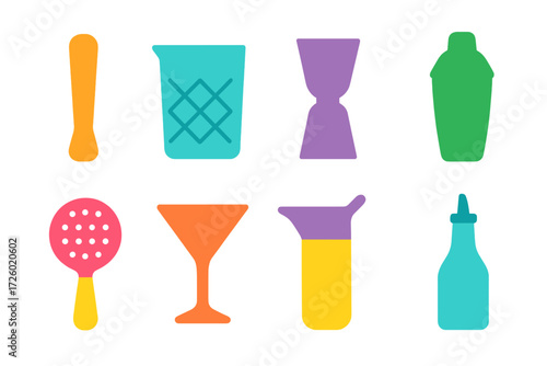 Colorful glowing bartender tools on neon background for mixology design